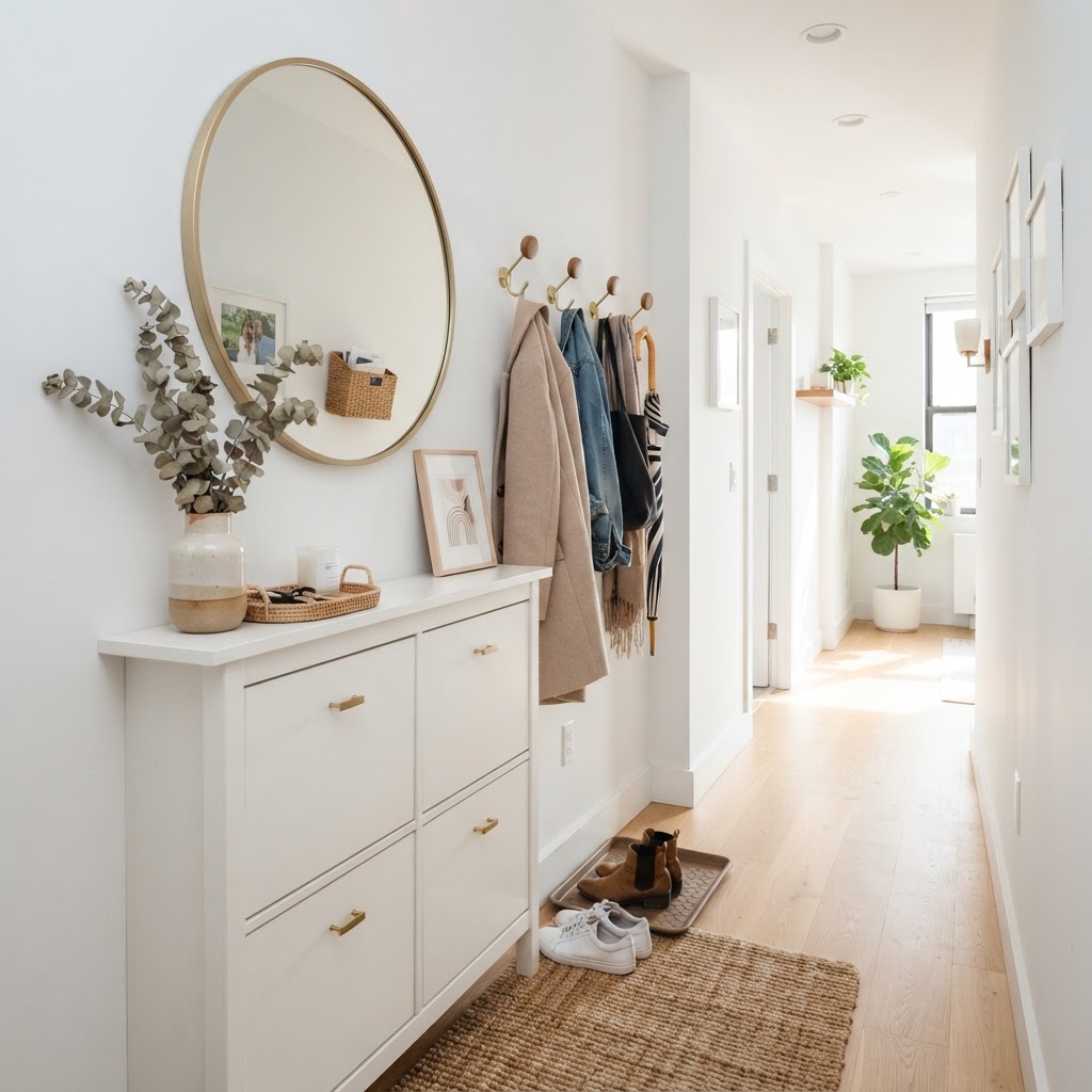 Tip-out shoe cabinets are a space-saving solution for narrow halls.