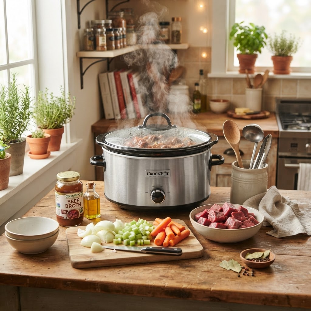 Preparing the ingredients for a classic, hearty slow cooker beef stew.
