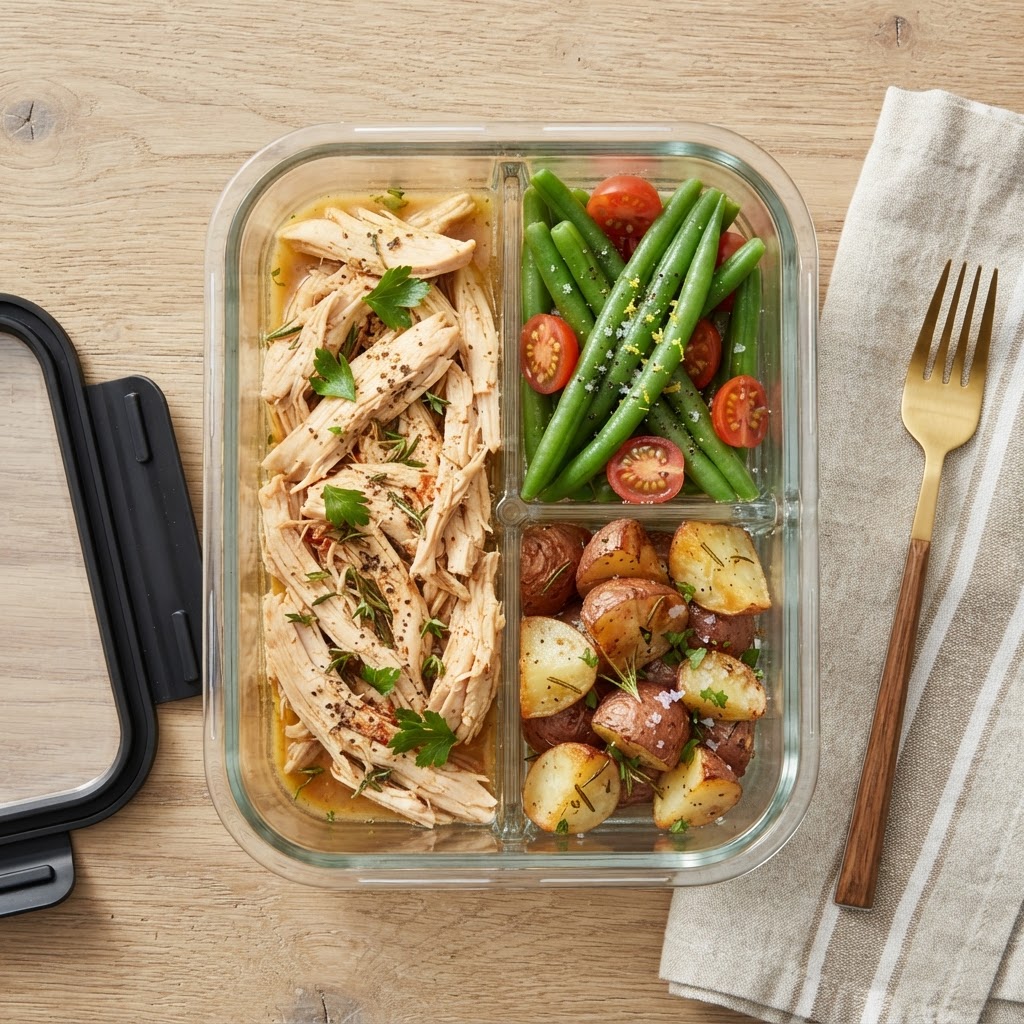 An ideal, healthy meal prep dinner using slow cooker chicken.