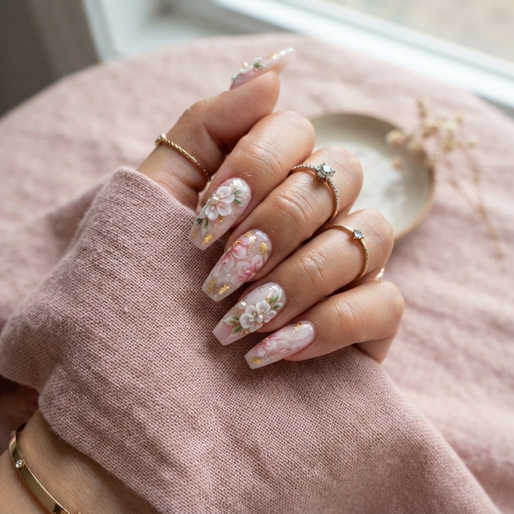 Elegant floral acrylic nails with delicate gold foil accents.
