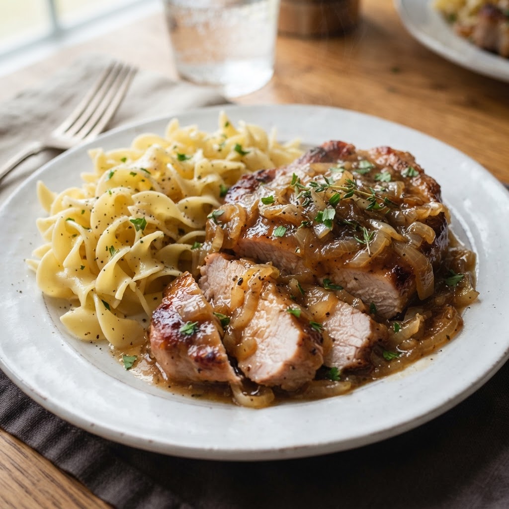 A hearty meal of pork chops and gravy served over egg noodles.