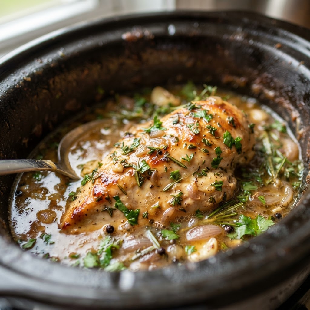 The final result of an easy dump-and-go recipe: tender, flavor-packed chicken breast ready to serve.
