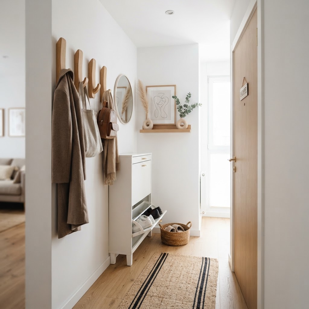 Vertical hooks and slim furniture maximize space in this micro entryway.