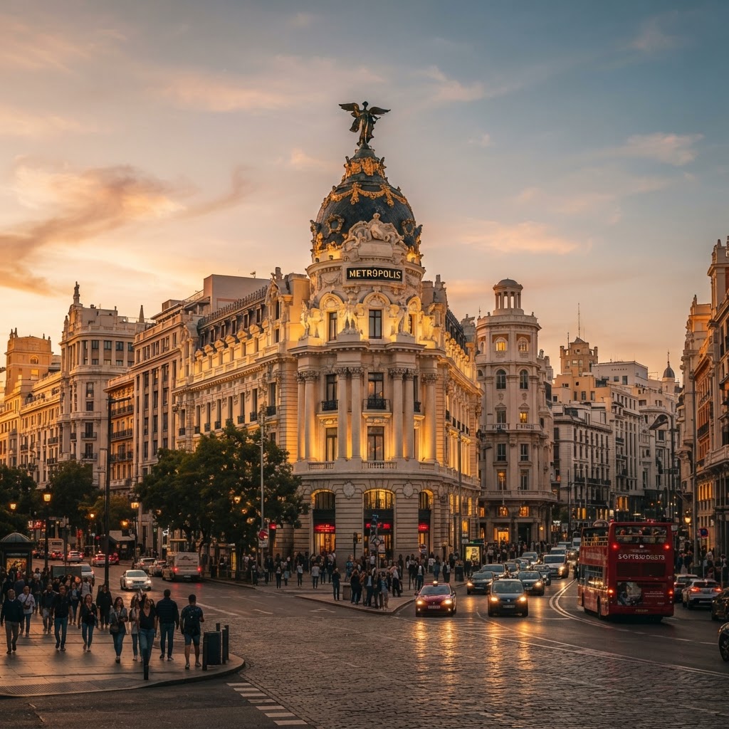 The iconic Metropolis building bathed in the warm, golden light of late afternoon.