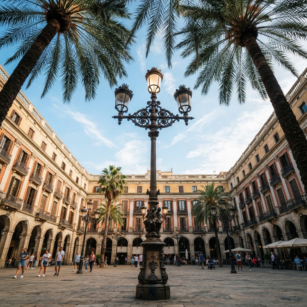 The unique, artistic charm of Gaudí's lamp posts in Plaza Real, Barcelona.