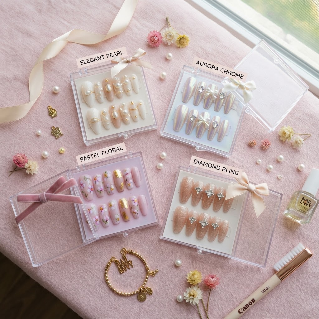 A curated collection of trendy press-on nail styles.