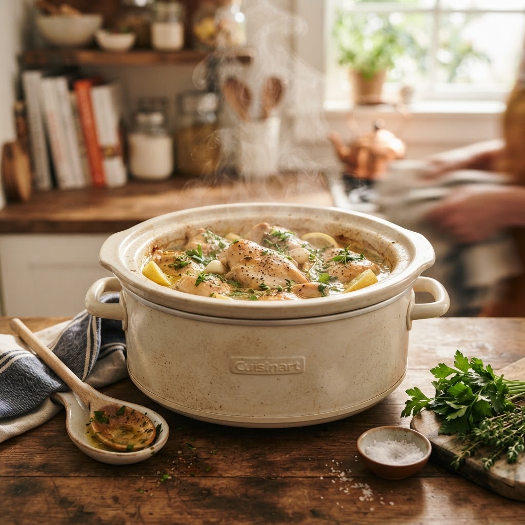 The perfect slow cooker chicken meal prepared at home.