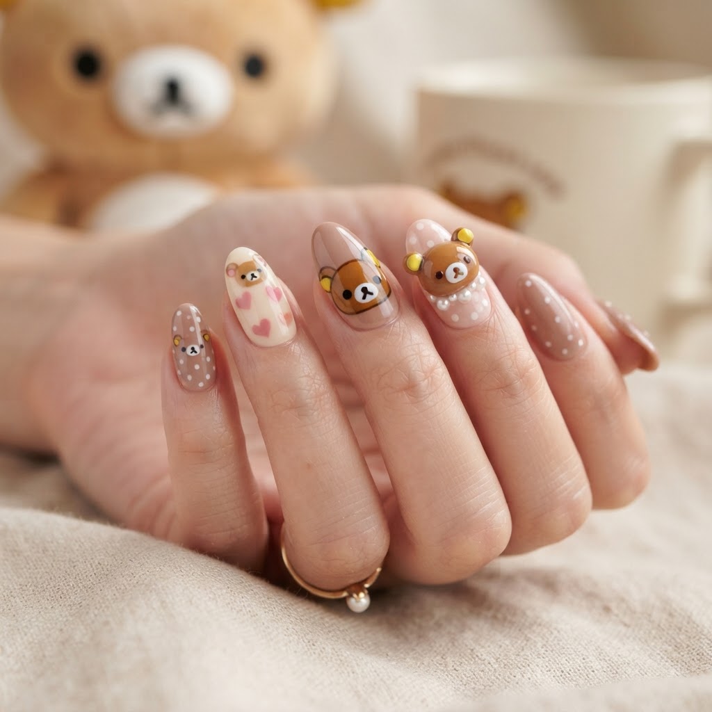 Adorable Rilakkuma press-on nails with polka dots.