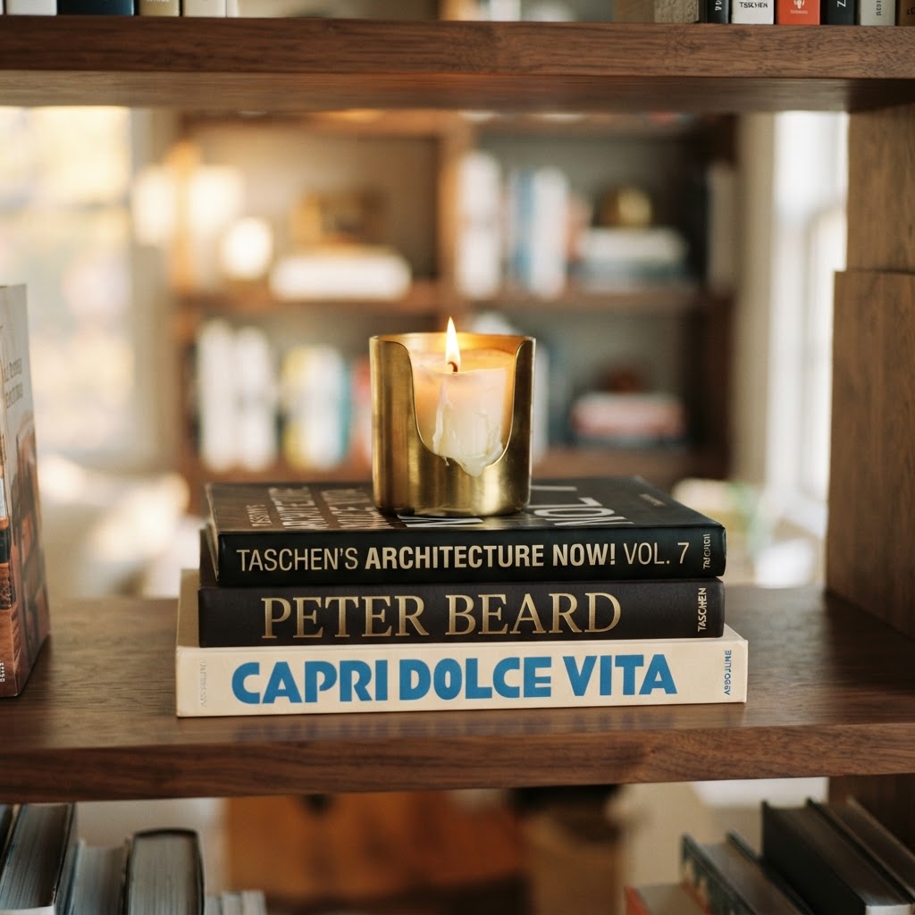 Curated vignettes with books and candles add a professional touch to your shelves.
