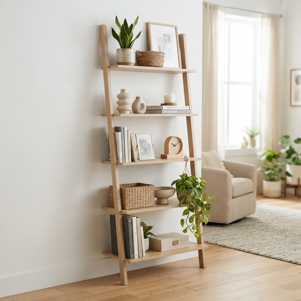 Small plants and vertical decor help personalize your shelves effortlessly.