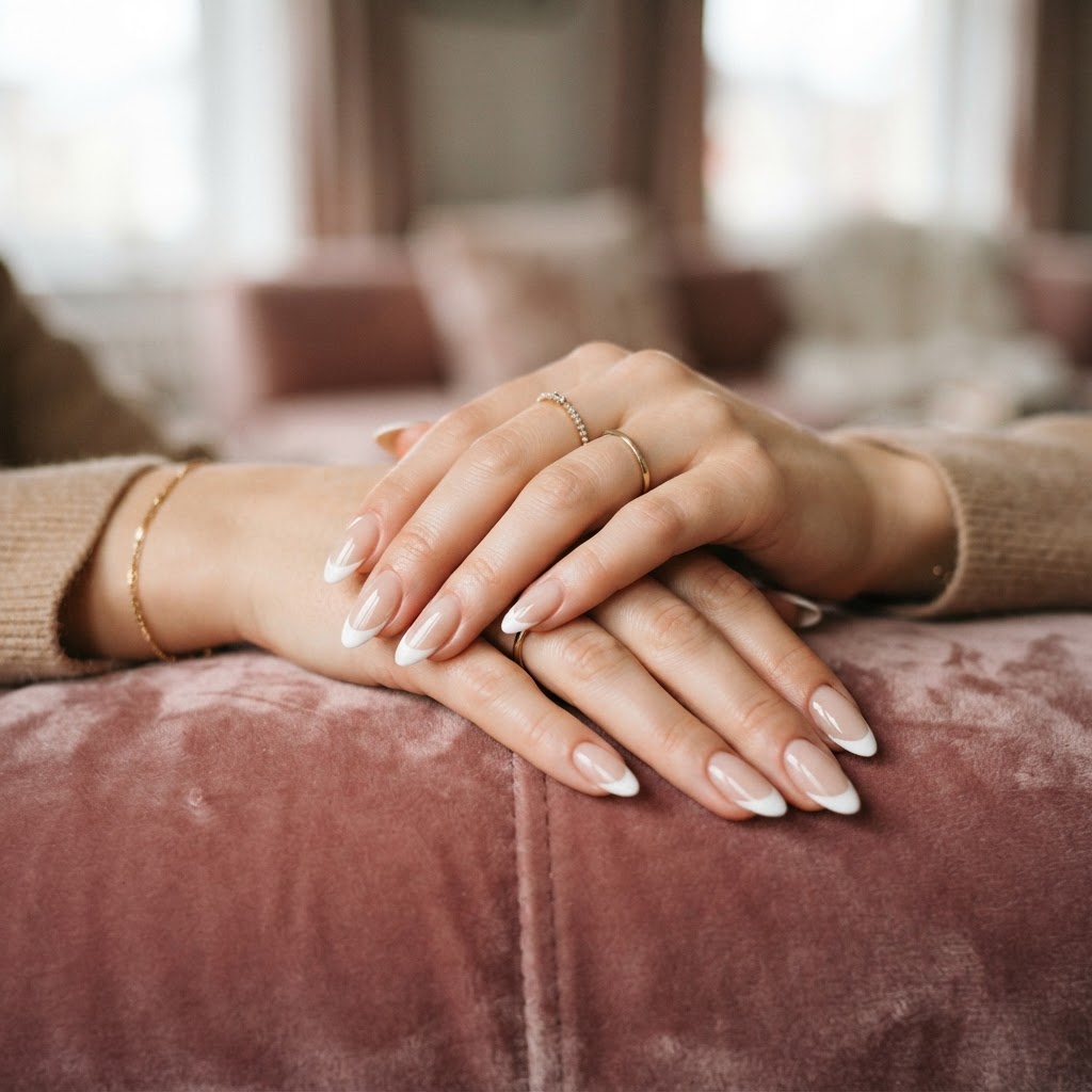 Elegant and classic French manicure design.
