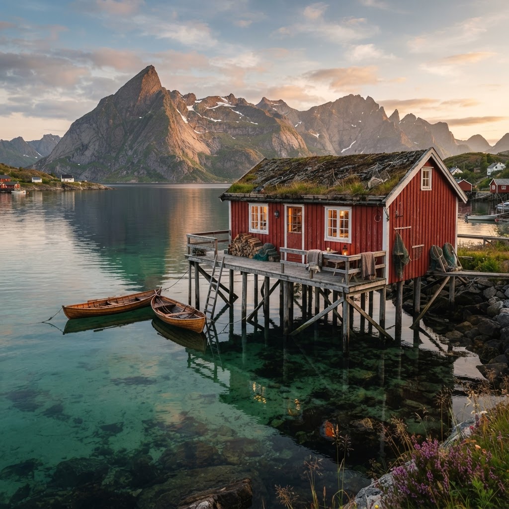 Traditional fishing cabins in the Lofoten islands.