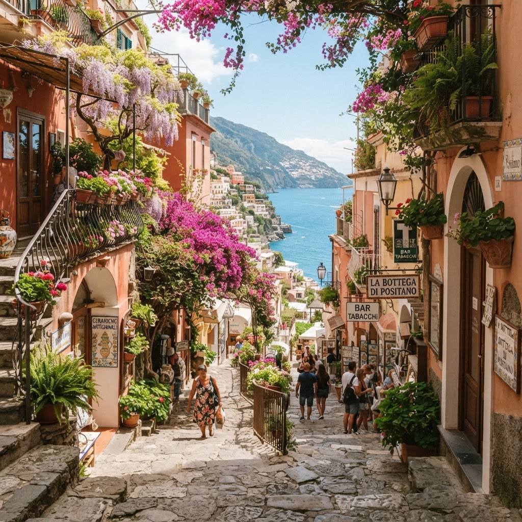 Wandering the charming, flower-lined streets of the village.