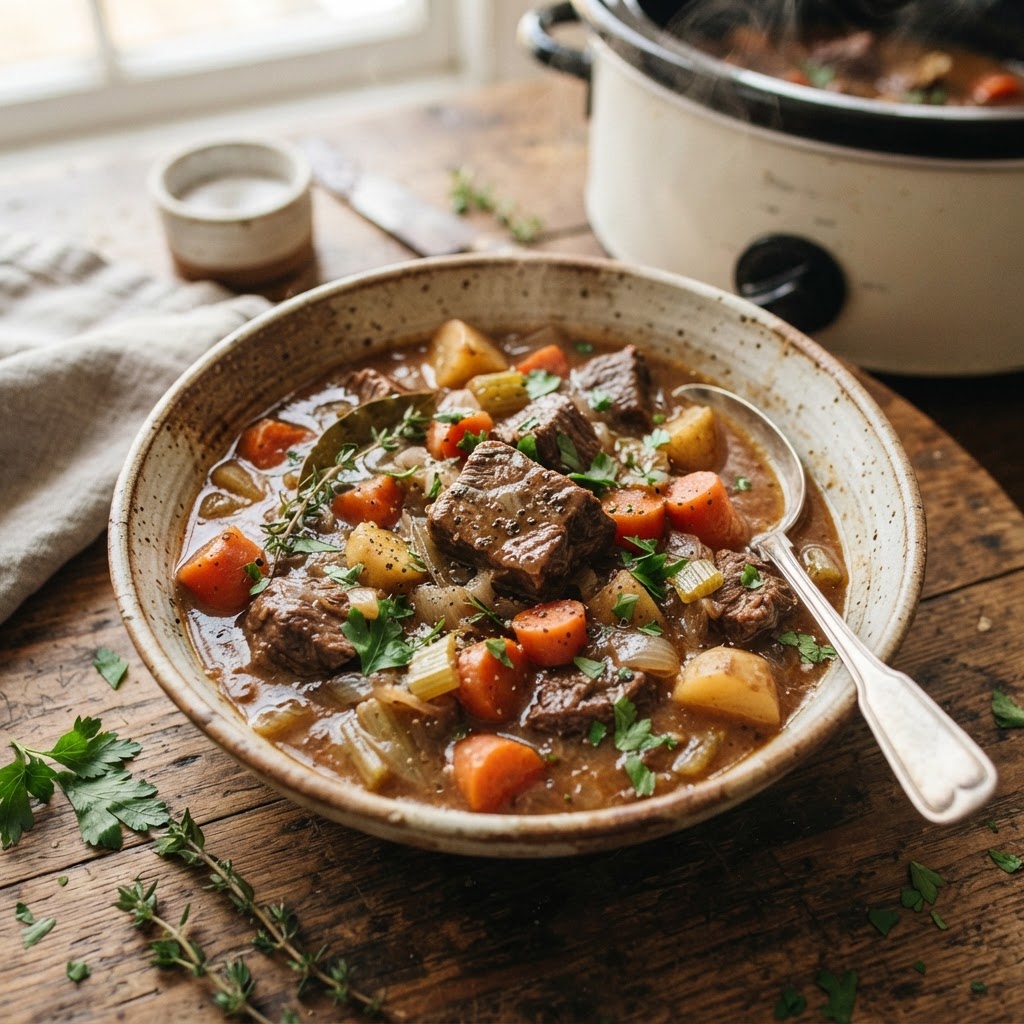 The perfect bowl of tender slow cooker beef stew.