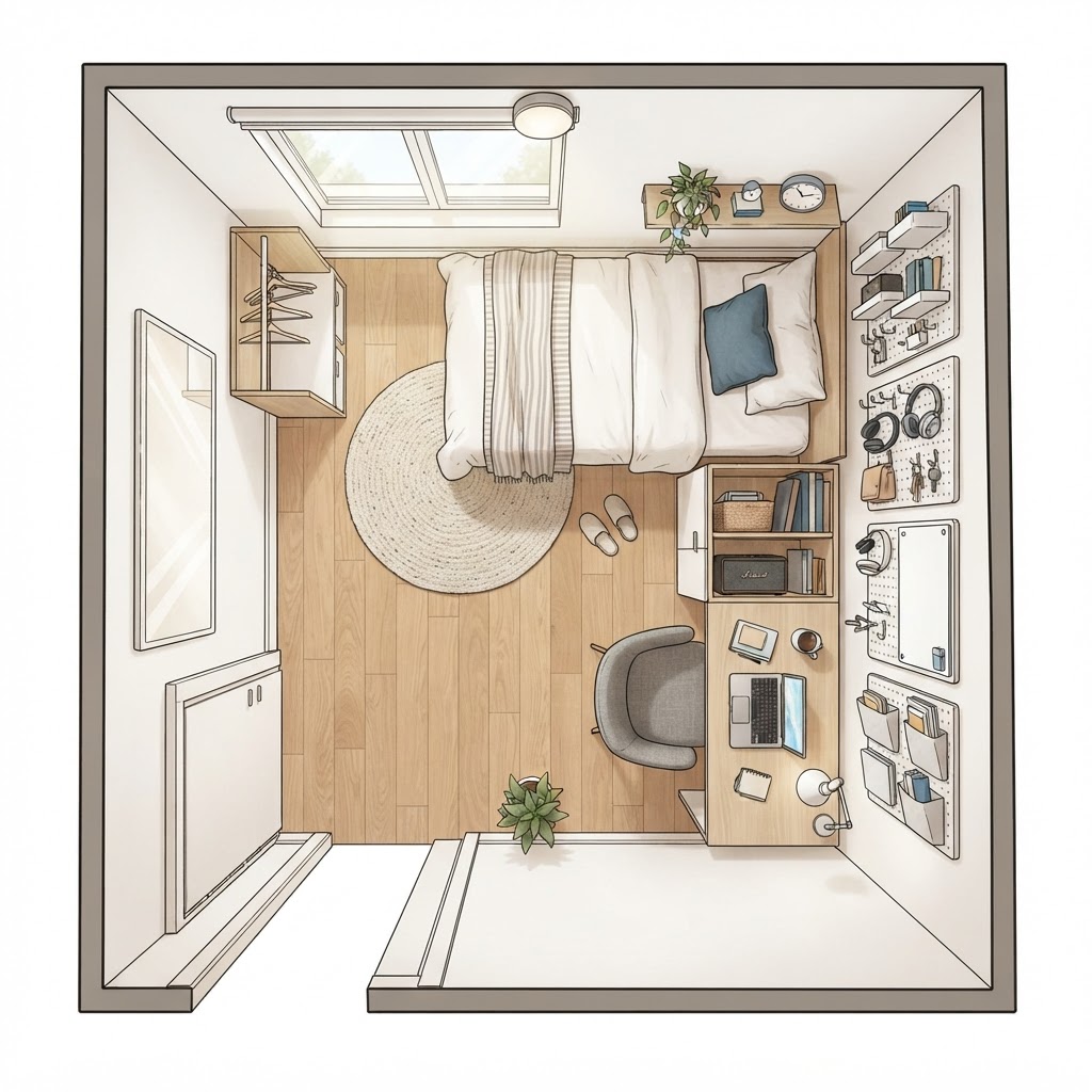 A strategic furniture arrangement for tight rectangular rooms.