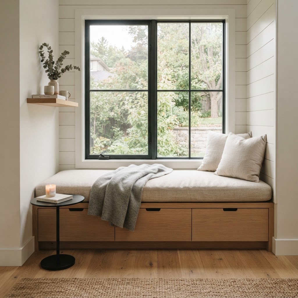 Built-in benches utilize awkward wall space for seating.
