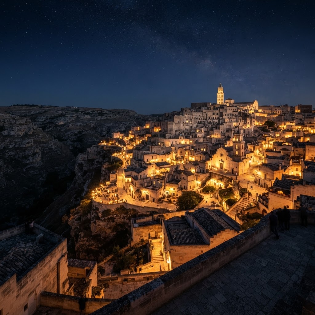 The magical, starlit glow of the Sassi di Matera after dusk.