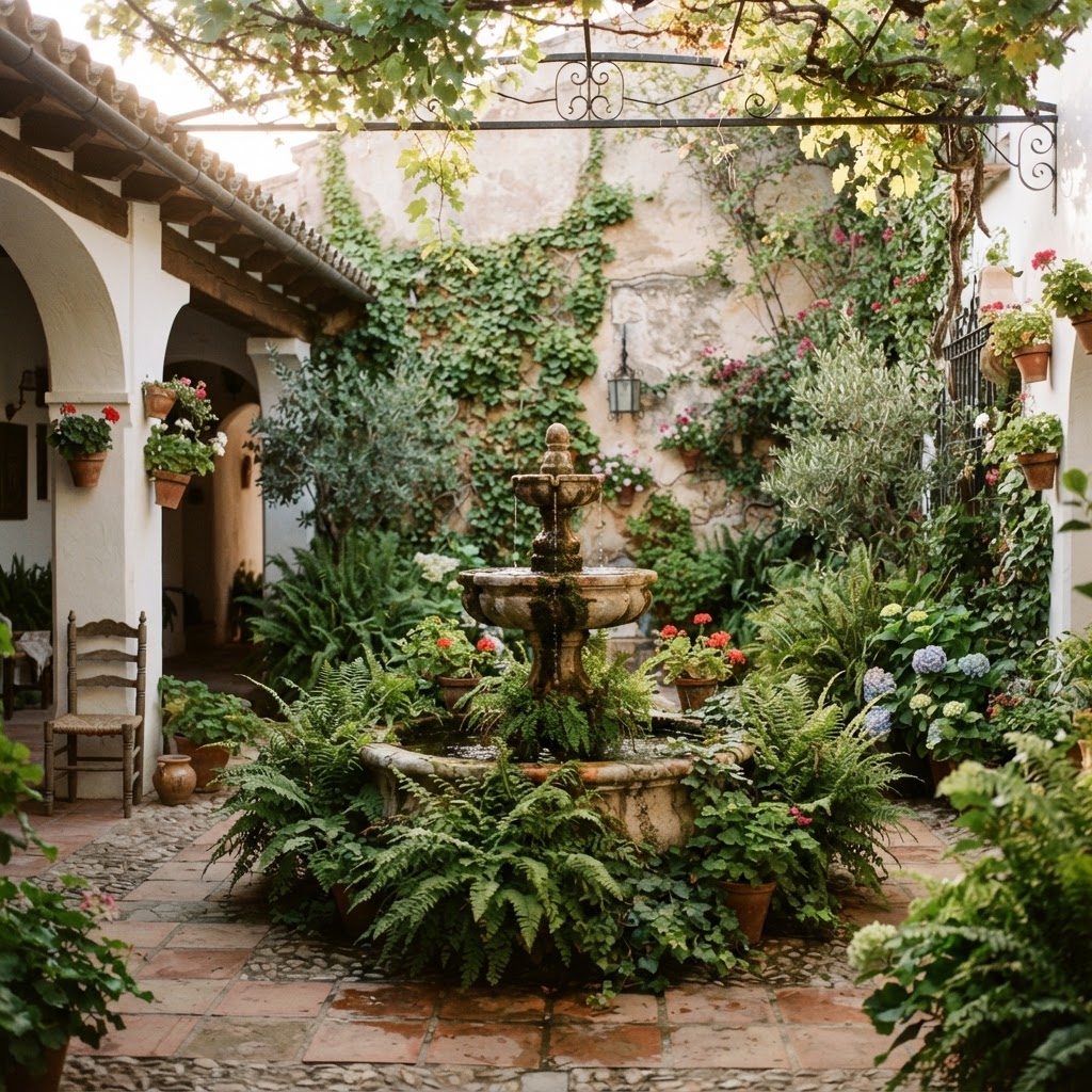 Top 10 Andalusian Patios You Have to See in Spain 5 A tranquil water fountain creates a soothing atmosphere in a hidden courtyard.