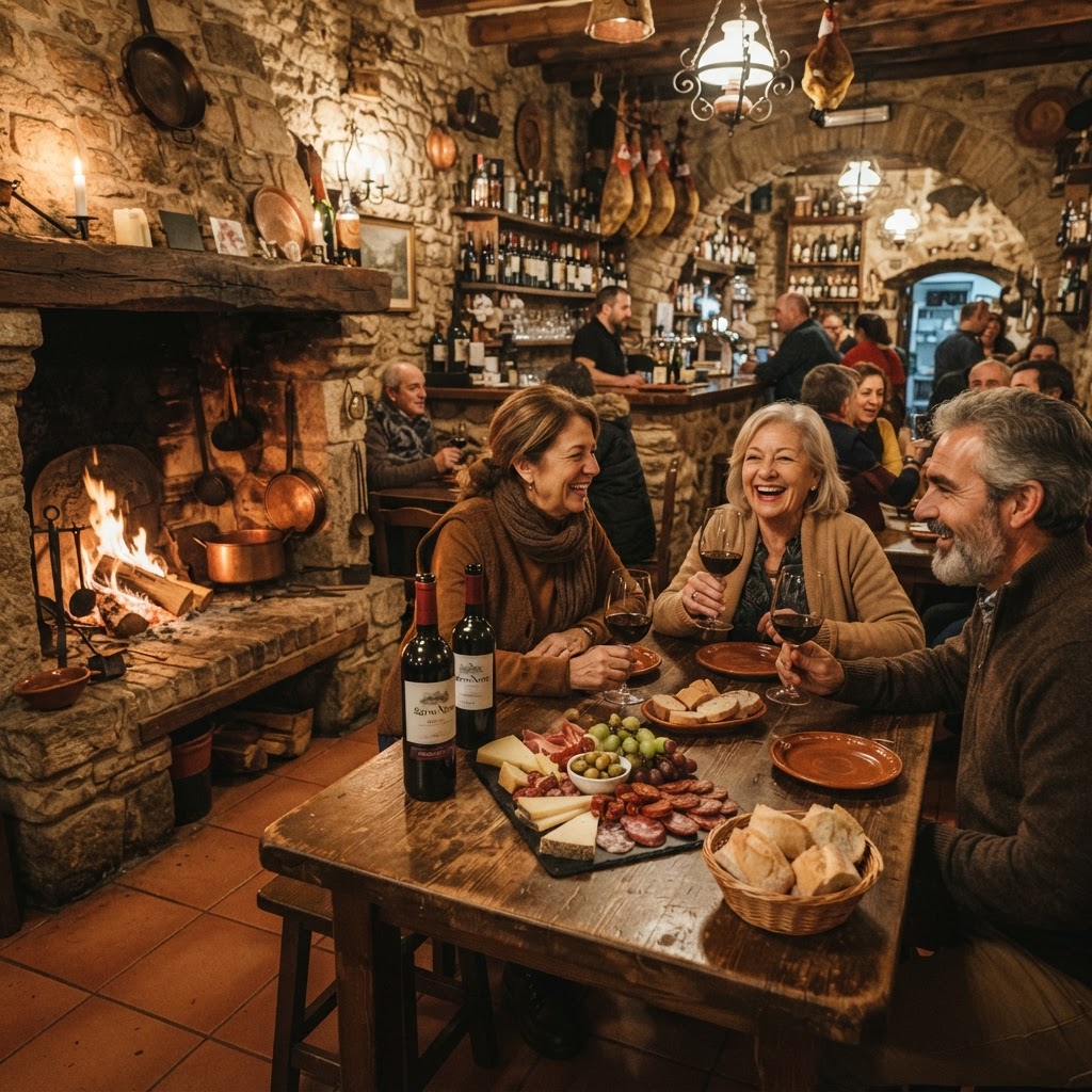 Enjoying traditional local cuisine in a cozy village tavern.