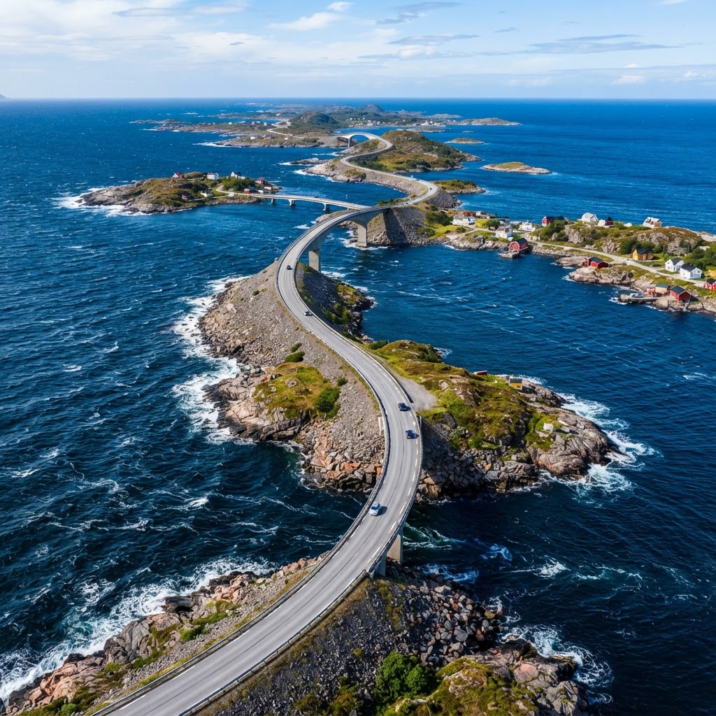 An aerial perspective of the Atlantic Ocean Road's unique architecture.