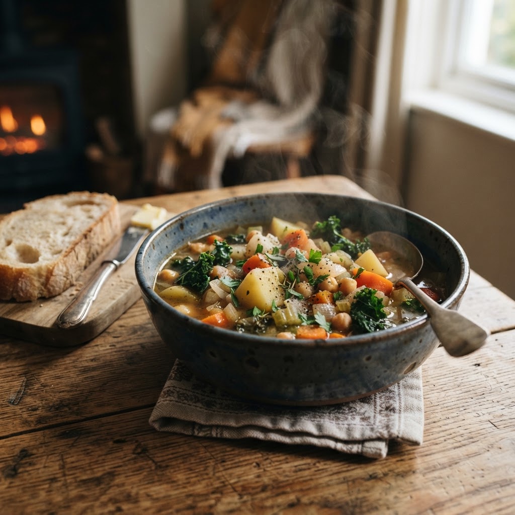Hearty vegetable soup served in a cozy rustic bowl.