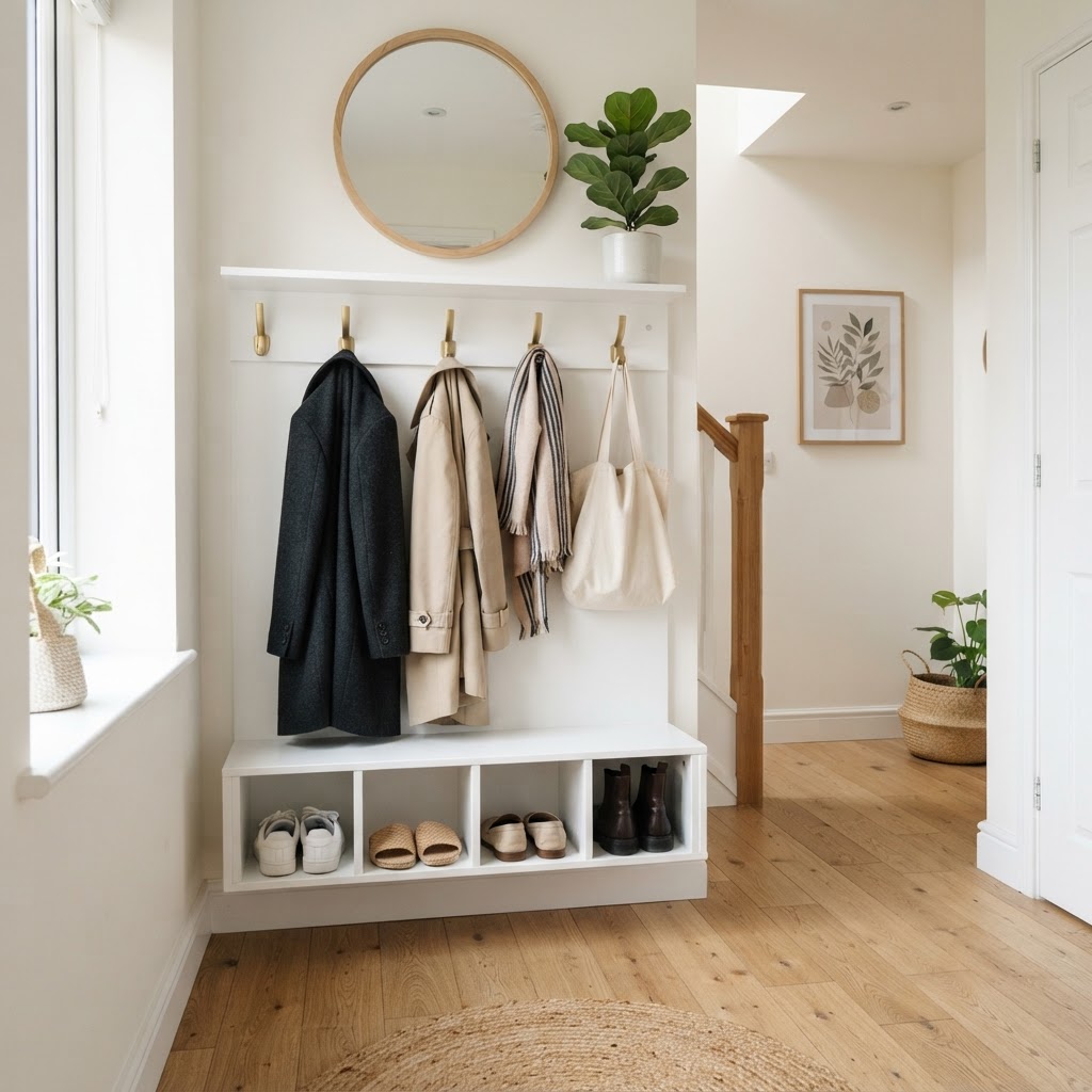 A clean, white entryway setup that maximizes vertical space with modern aesthetics.