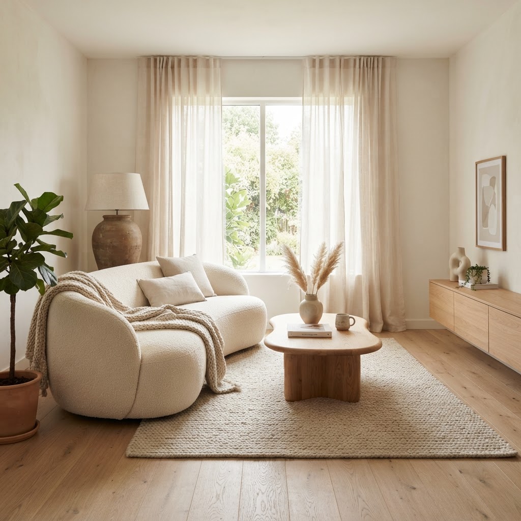 A neutral and soft minimalist living room.