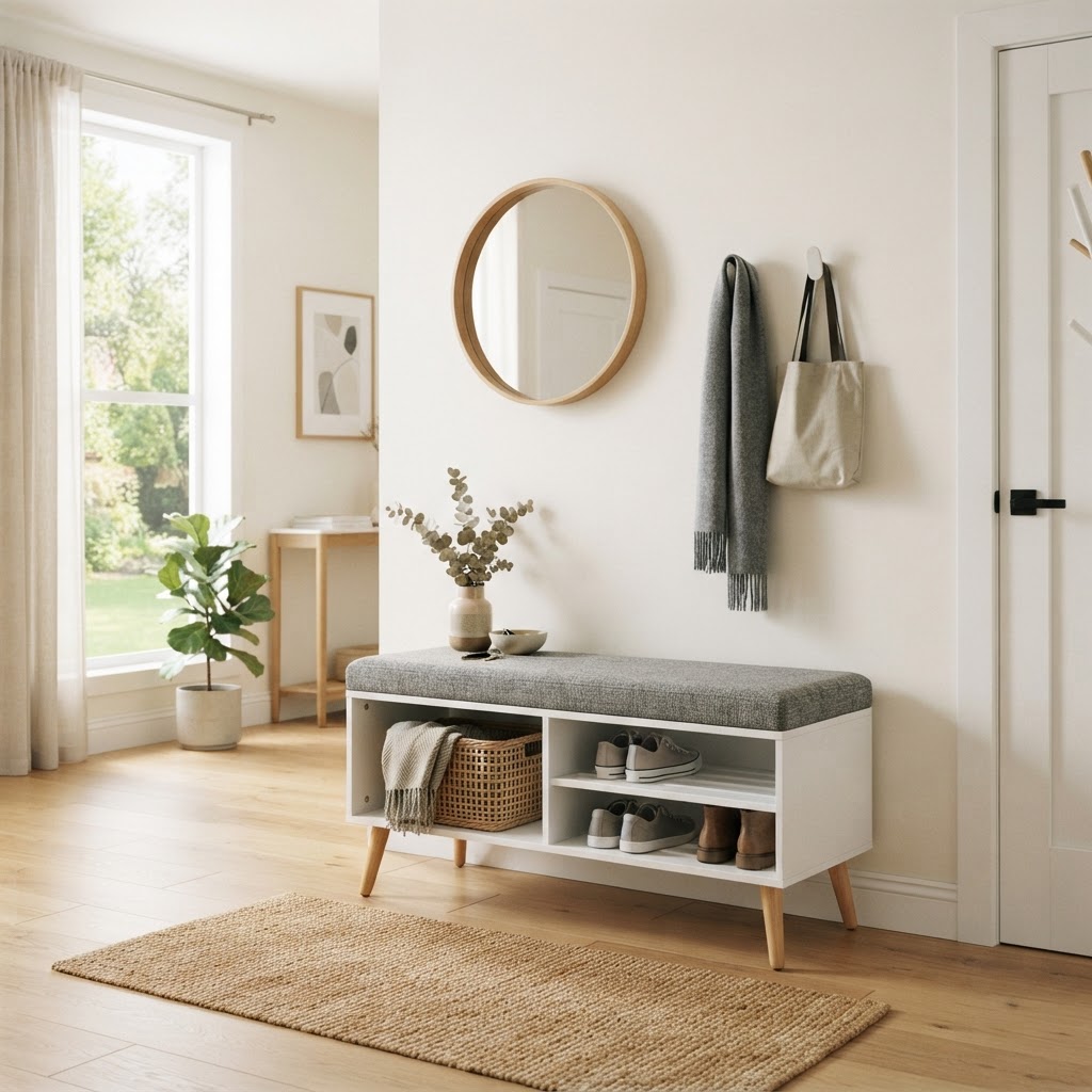 A minimalist white bench brings brightness and order to a tight foyer space.