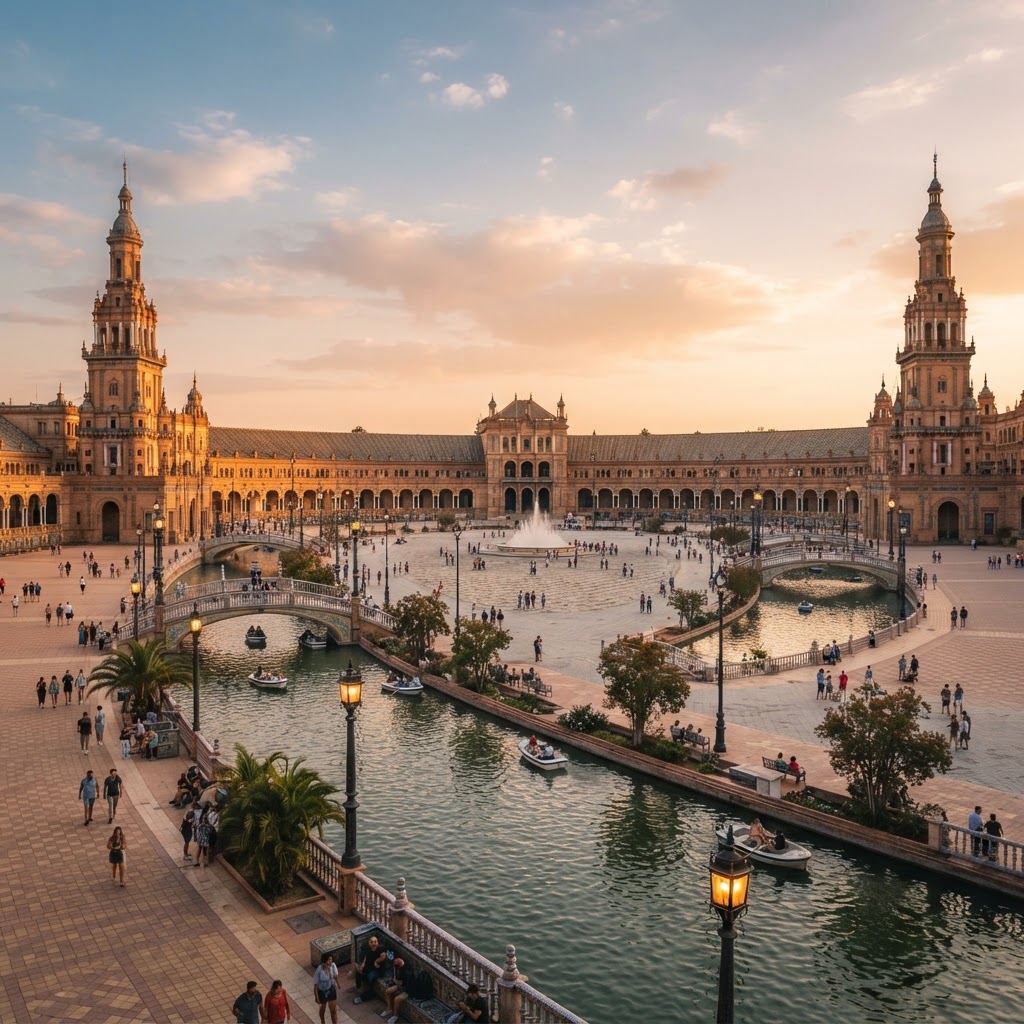 The iconic Plaza de España bathed in the warm light of golden hour.