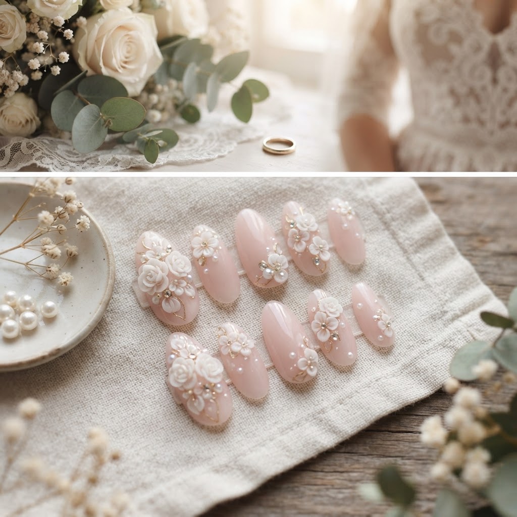 Elegant almond bridal nails with 3D flower and pearl details.