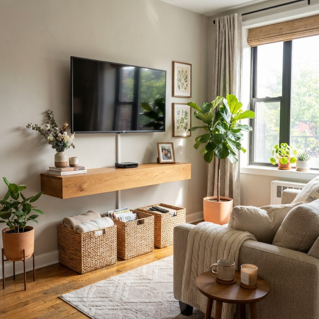 Wall-mounted storage is a perfect way to keep floor space clear in tiny homes.
