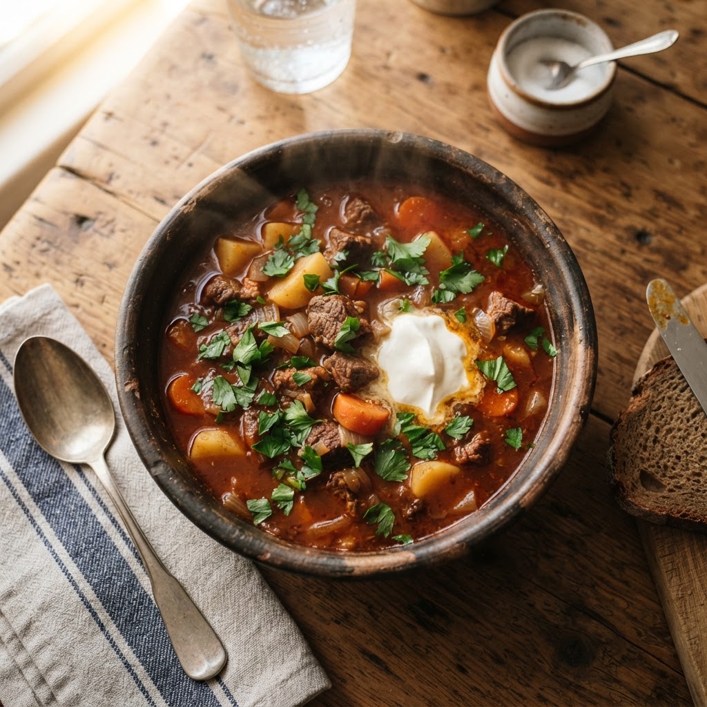 A steaming bowl of tender Slow Cooker Hungarian Goulash ready to serve.