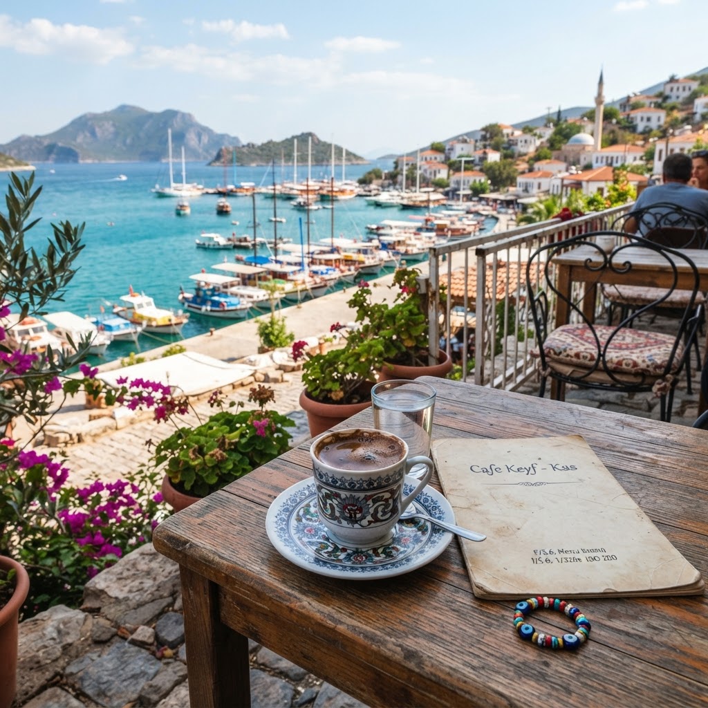 Mediterranean Coast Towns That Feel Truly Timeless 5 A peaceful morning view from a harbor-side cafe in Kas.