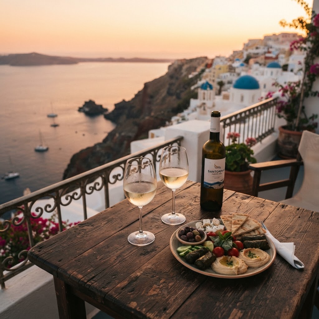 Enjoying local wine on a private terrace overlooking the Aegean.