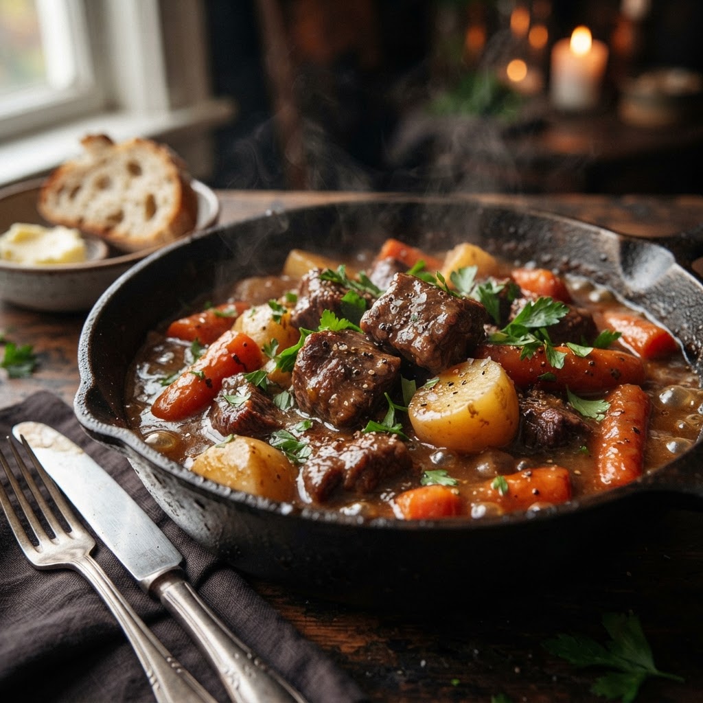 Tender beef tips with vegetables cooked to perfection.