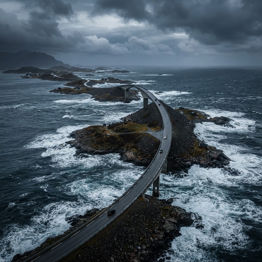 The iconic Storseisundet Bridge stands as a marvel of engineering on the Atlantic Ocean Road.