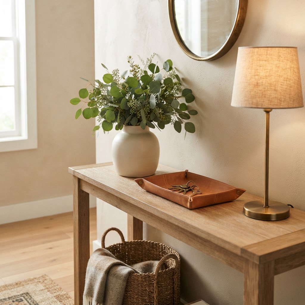 Simple, curated styling on a console table elevates the entire entryway.