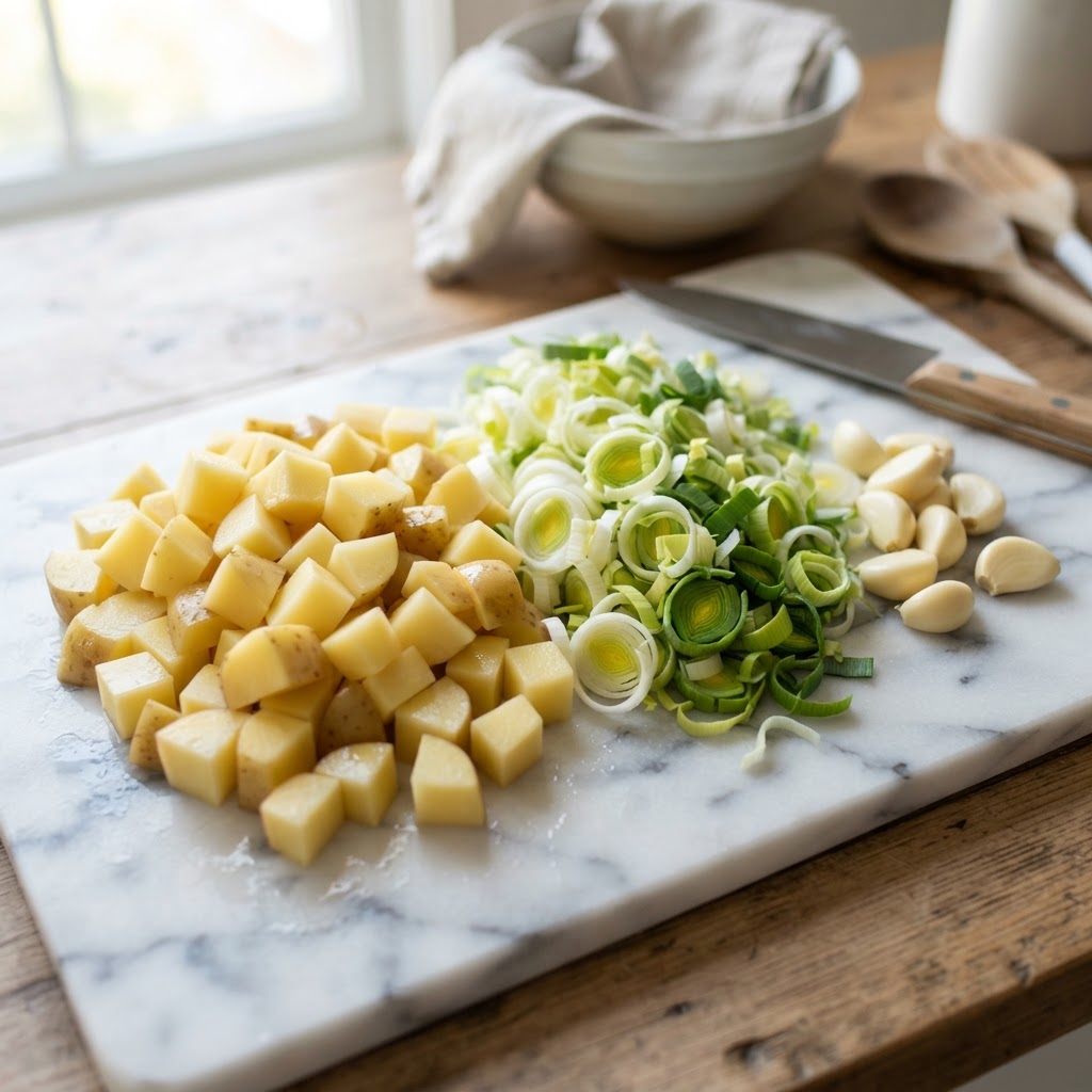 Fresh ingredients for the perfect potato soup base.
