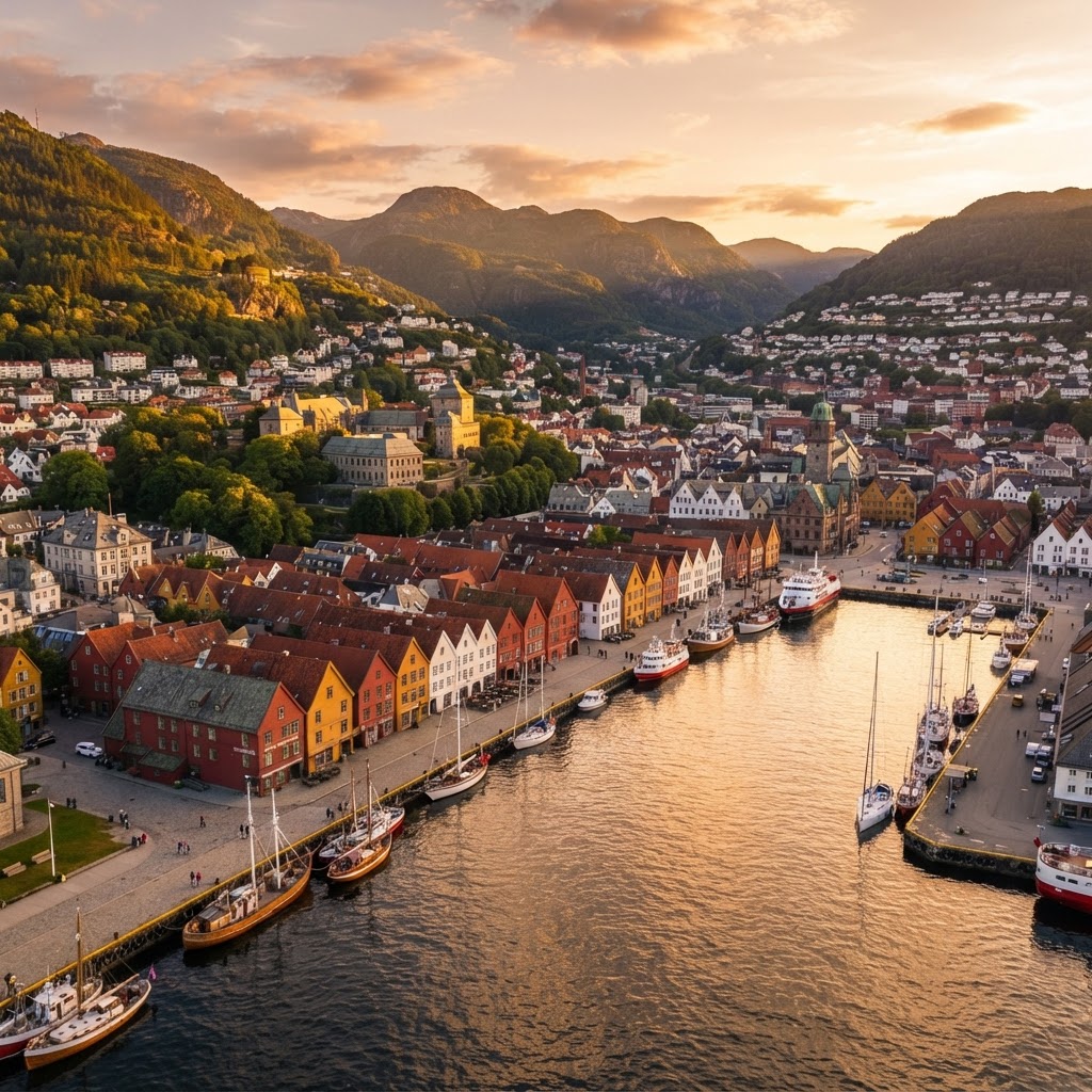 The iconic colorful wooden buildings of Bryggen reflecting in the calm waters of the harbor.