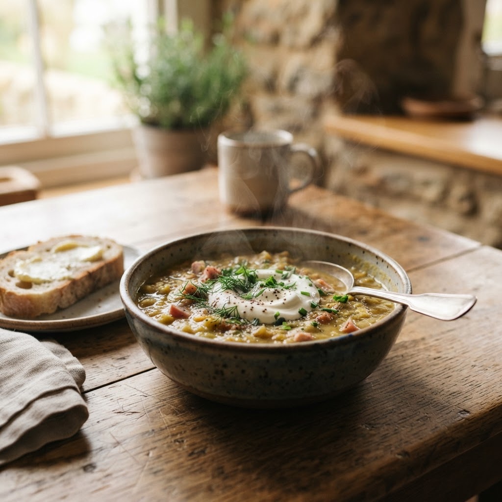 A warm bowl of classic split pea slow cooker soup.