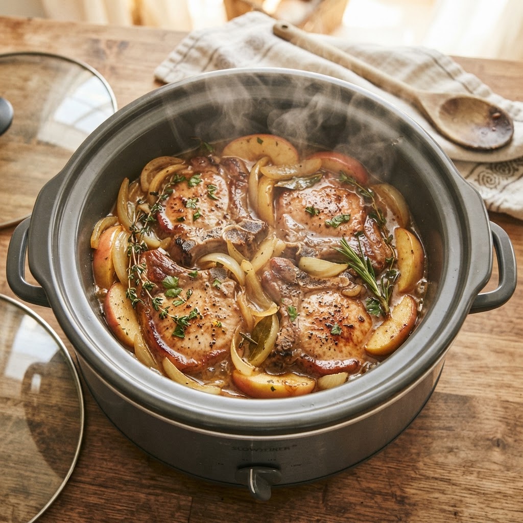 A hearty meal of pork chops slow-cooked with apples and onions.
