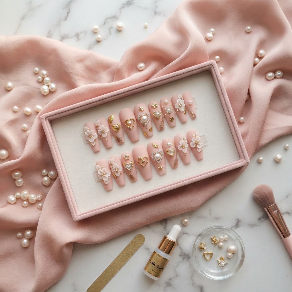 Aesthetic 3D flower and pearl nail inspiration.