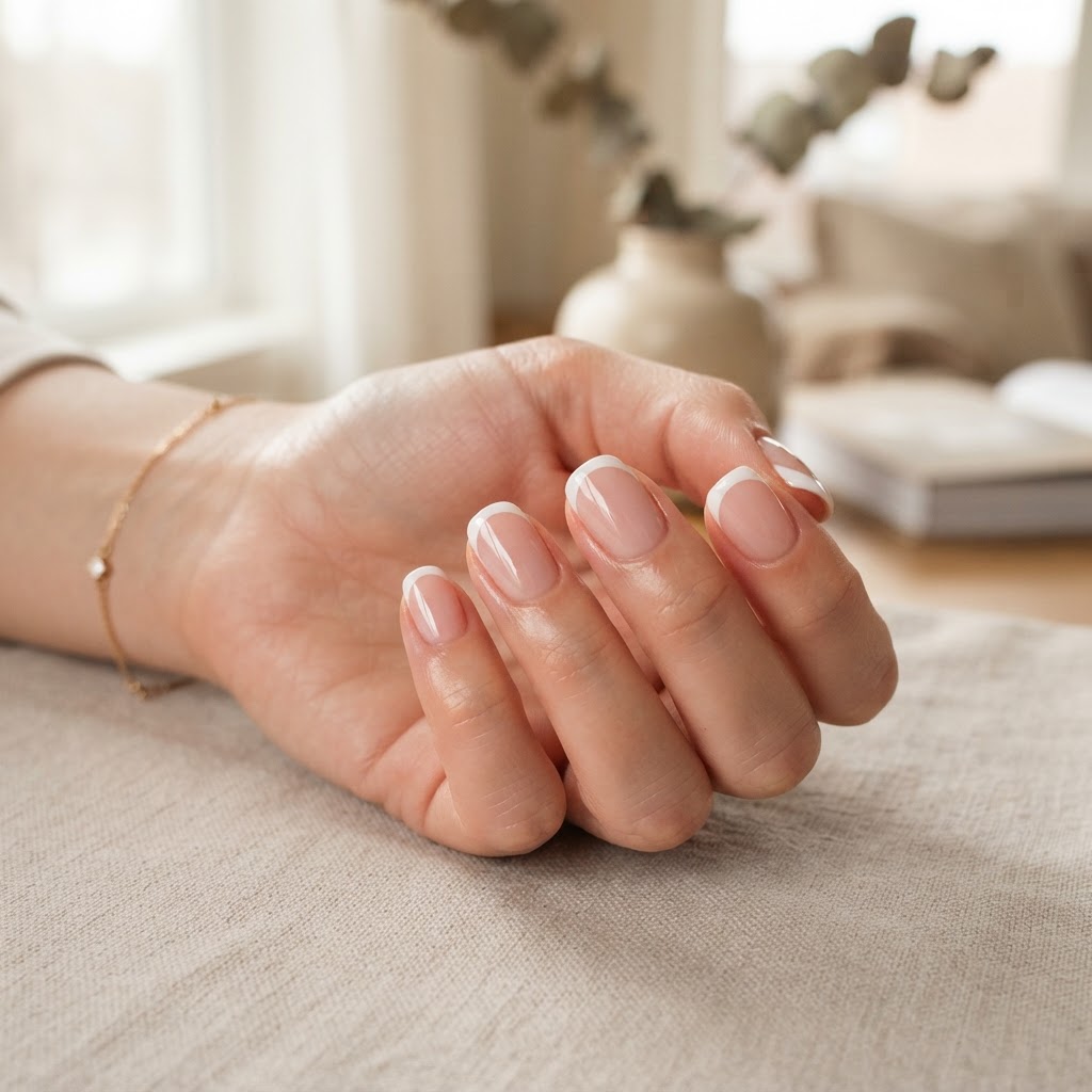 A perfect french tip manicure on natural-looking extensions.