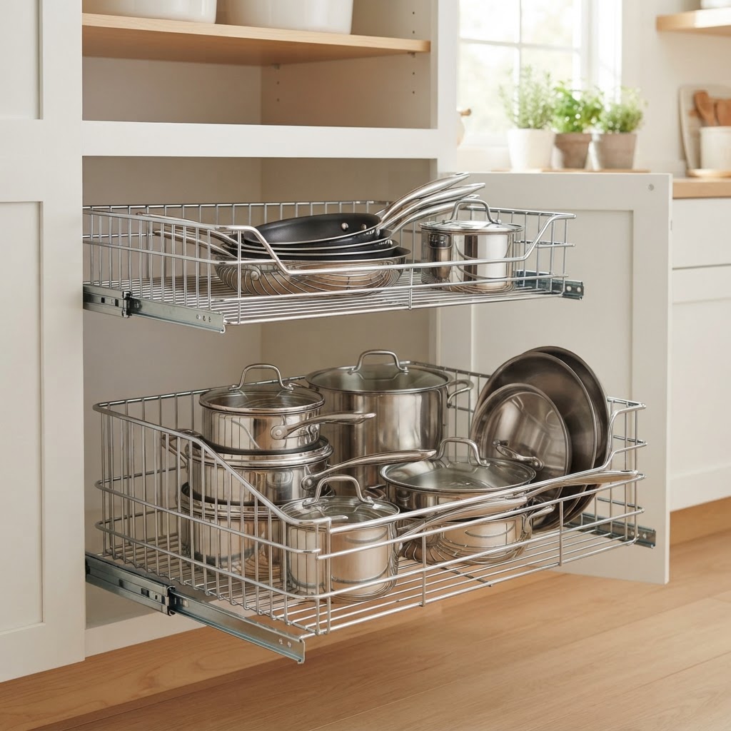 Pull-out wire drawers help stack pans without the clutter.