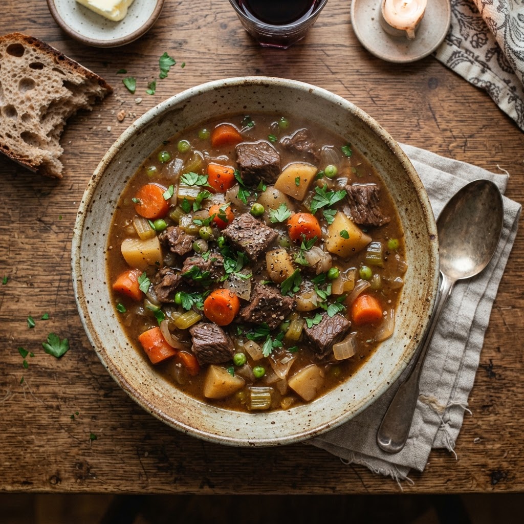 A steaming bowl of homemade slow cooker beef stew with potatoes.