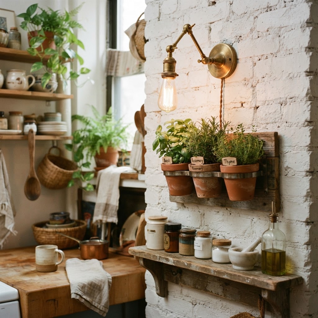Wall-mounted herbs bring life and color to a compact cooking area.