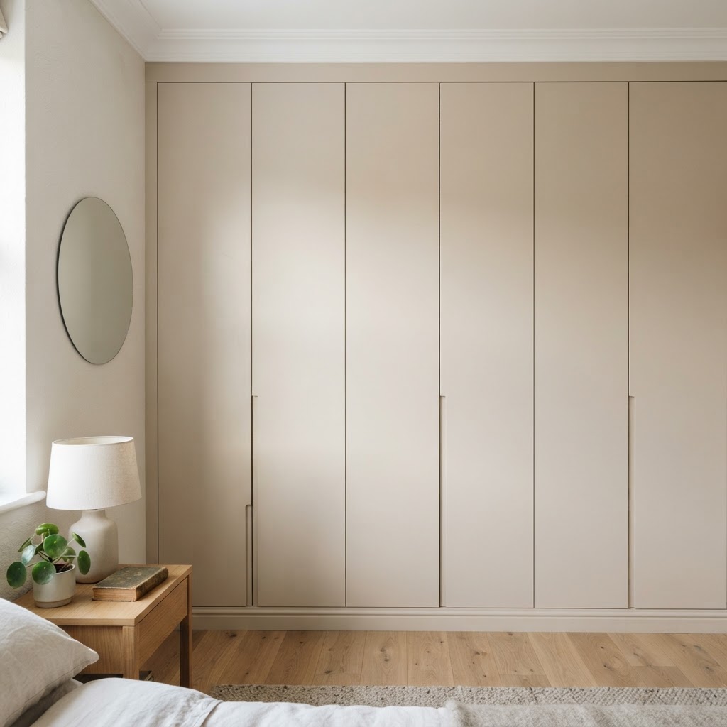 Sleek, handle-free floor-to-ceiling wardrobes minimize visual clutter.