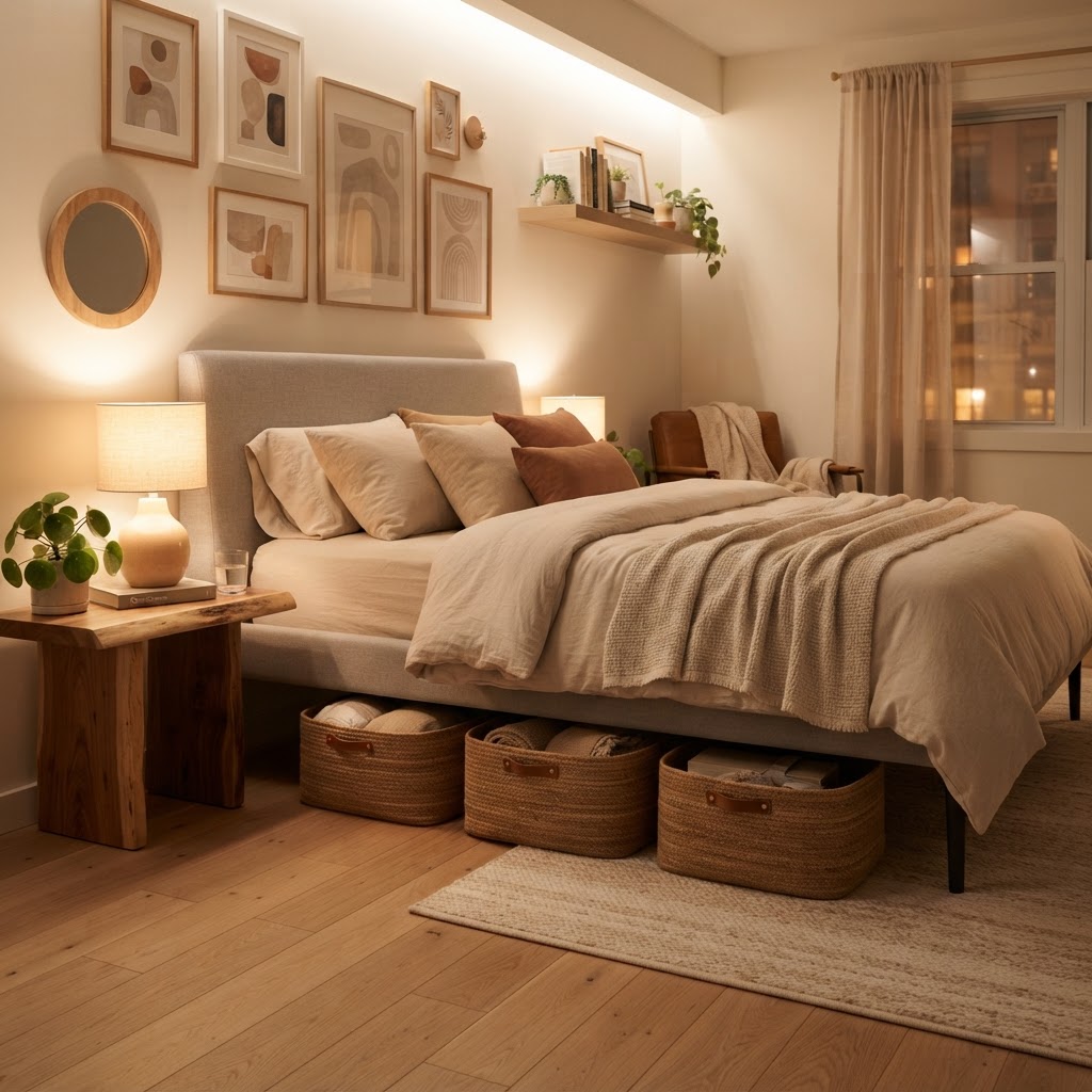 Use under-bed storage to hide seasonal items out of sight.
