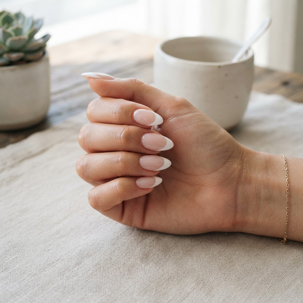 Almond-shaped press-on nails for a sophisticated, natural look.