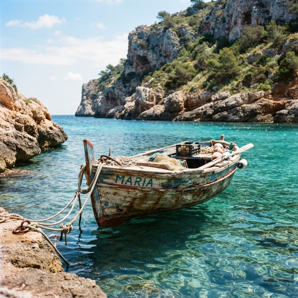 Traditional fishing boats rest in a hidden cala along the coast.